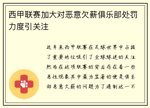 西甲联赛加大对恶意欠薪俱乐部处罚力度引关注